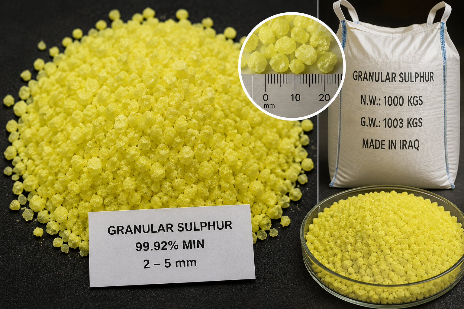 AI-generated illustrative visualization of Sulfur · Granular Sulfur — not actual product photography.